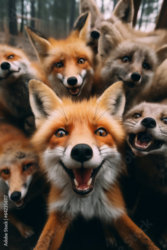 wefie a group of red foxes with smile and happy face, crowded, hyper realistic, beautiful dreammy light, bright eyes, forest background, funny face, fish eye lense, © Maizal