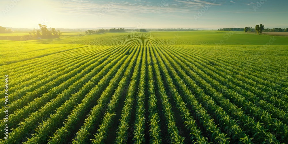 Aerial view of verdant agricultural fields in countryside. Golden sunset over vast rural farmland. Drone perspective. Lush green crop stretching to horizon. Aerial landscape Aerial view of verdant agricultural fields in countryside. Golden sunset over vast rural farmland. Drone perspective. Lush green crop stretching to horizon. Aerial landscape