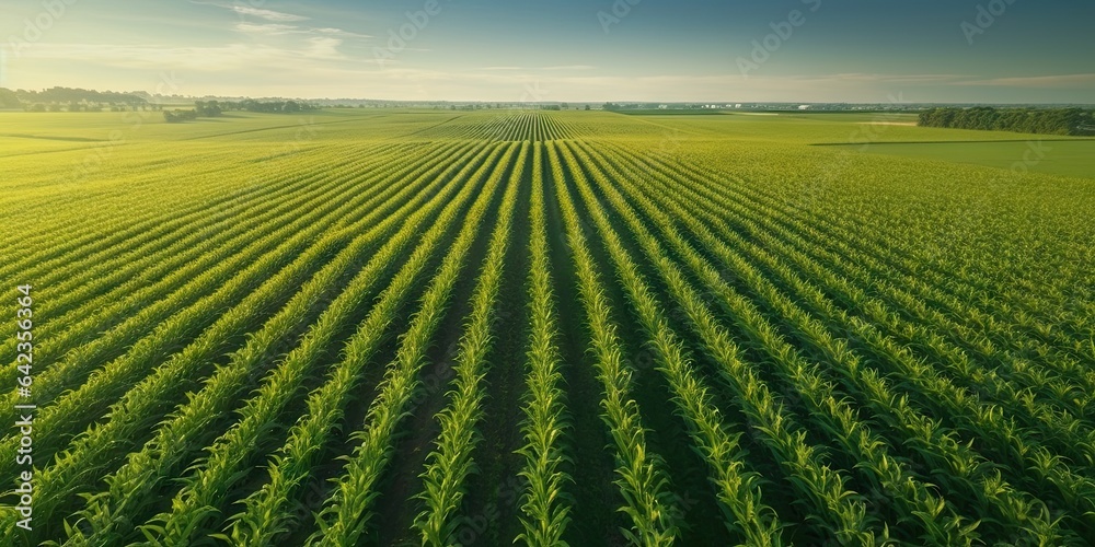 Aerial view of verdant agricultural fields in countryside. Golden sunset over vast rural farmland. Drone perspective. Lush green crop stretching to horizon. Aerial landscape