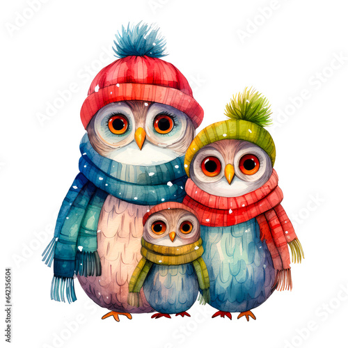 Watercolor cute owl family in a hat and scarf, winter animal illustration