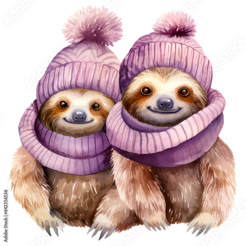 Watercolor cute sloth couple in a hat and scarf, winter farm animal illustration.