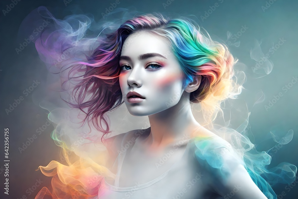 Crystal white background ,digital art ,minimalism, abstract art, textures, rainbow smoke dancing girl portrait in  HD background. AI Generated.