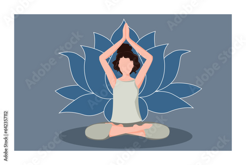 Woman sitting in a meditation position. Chakra meditation concept in blue colors.  Vector illustration isolated. Buddhism esoteric motivs. Use for spiritual, yoga, sport, social media, web and design.