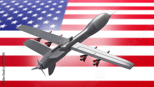 Drone made in USA. American-made UAV. Military drone. Unmanned aerial vehicle. USA flag. Modern drone weapons from America. Deliveries of UAVs from USA. Purchase of unmanned aircraft. 3d image