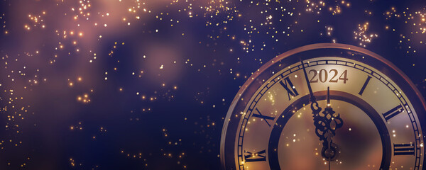 happy new year 2024 countdown clock on abstract glittering midnight sky with copy space, festive party invitation card concept for new years eve