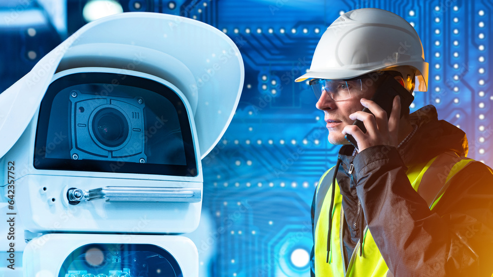 Surveillance camera. Man engineer. Specialist controls CCTV system