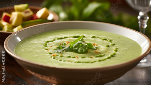 A bowl of chilled and creamy avocado soup garnished with cilantro