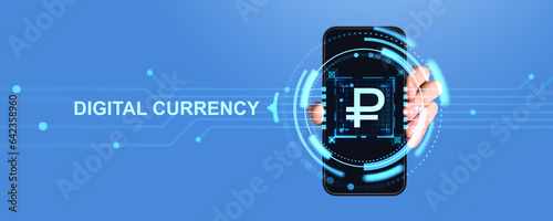 Photos Man hand with smartphone and digital ruble interface