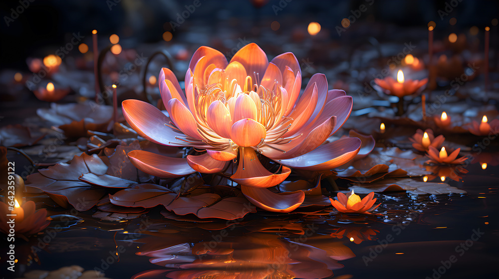 Illuminated lotus flower and candles on water on the Indian festival Diwali. Diwali celebration background. Generative ai.