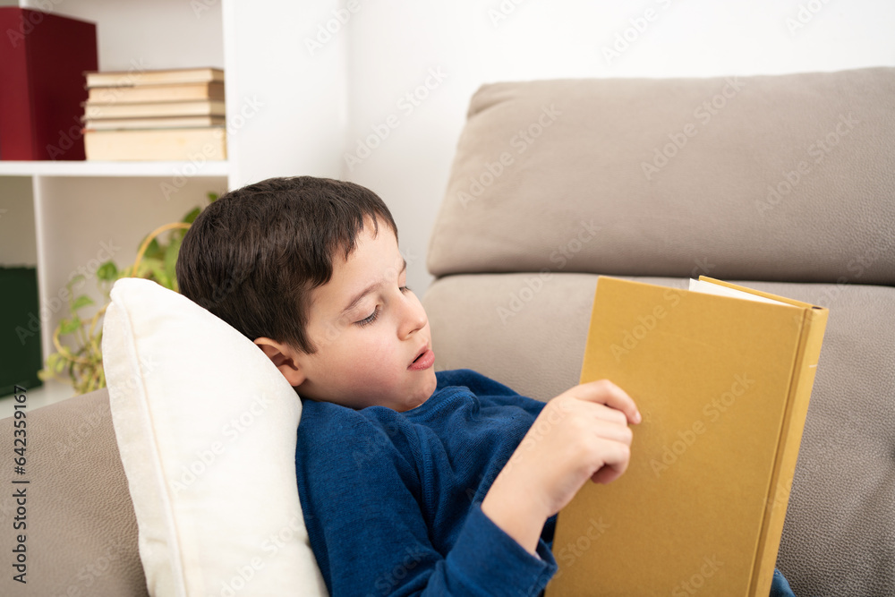 Portrait of cute boy wearing reading book while lying on couch, homeschooling concept and back to school and copy space