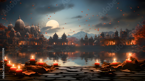 Background India Diwali. Flowers, Diya lamps and candles in water. Indian footfall. Diwali illustration. Copy space. Generative ai