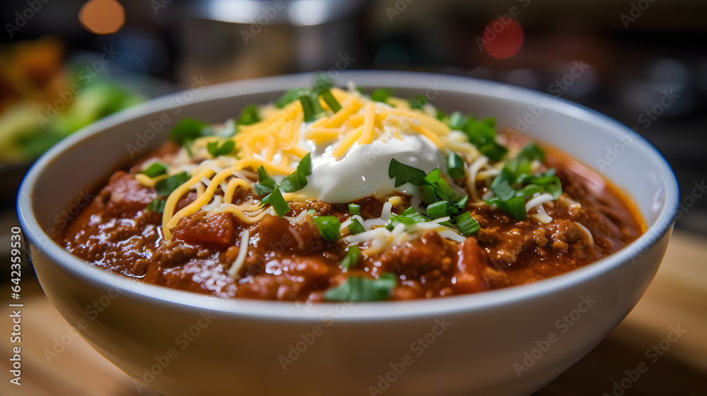A bowl of hearty and flavorful beef chili topped with cheese and sour cream A bowl of hearty and flavorful beef chili topped with cheese and sour cream