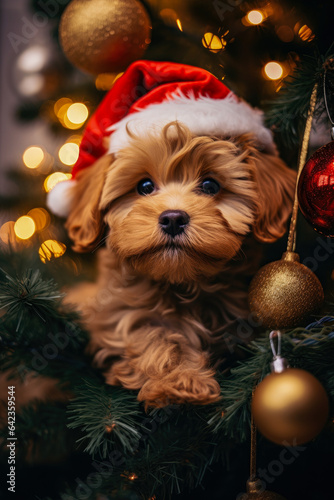 Christmas puppy with gift and decorations, generative ai 