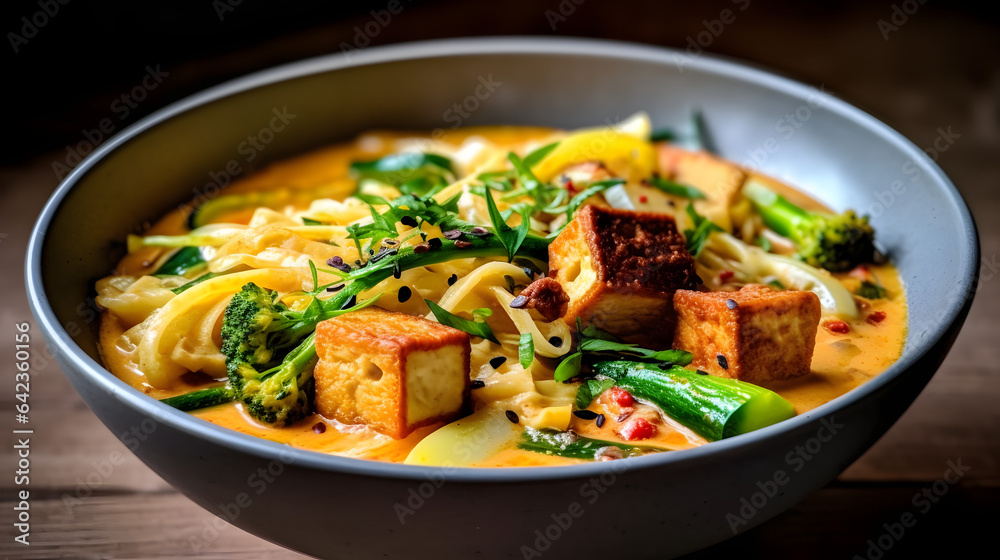 A bowl of creamy and fragrant coconut curry noodles with tofu and vegetables A bowl of creamy and fragrant coconut curry noodles with tofu and vegetables