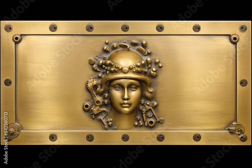 industry texture wor metal tool industrial head plaque blank nameboard pinion gold screw plate iron gold background rivet metal bolt closeup metallic element frame mechanic rivets plaque design old photo