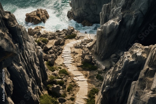 Top view of a path that passes between the rocks generative ai