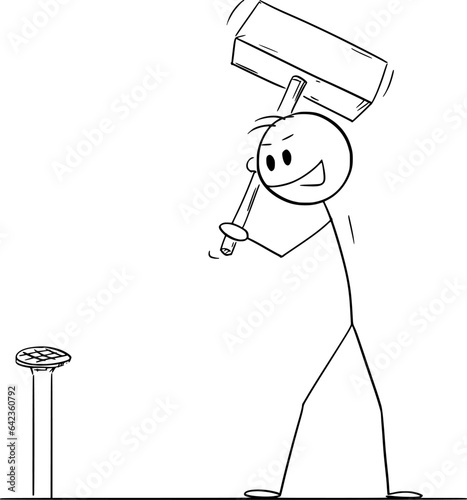Person With Hammer and Nail, Solving Problem, Vector Cartoon Stick Figure Illustration