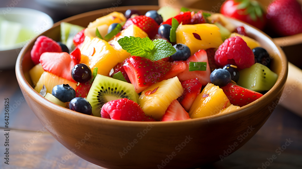 A bowl of refreshing and vibrant fruit salad with a honey lime dressing A bowl of refreshing and vibrant fruit salad with a honey lime dressing