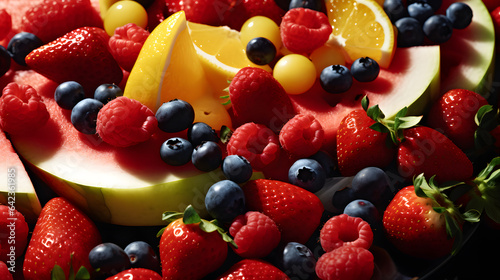 A close-up of a delicious summer fruit platter filled with watermelon, berries, and citrus
