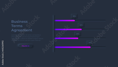 Horizontal bar graph. Dark neumorphic infographic design template for business presentation