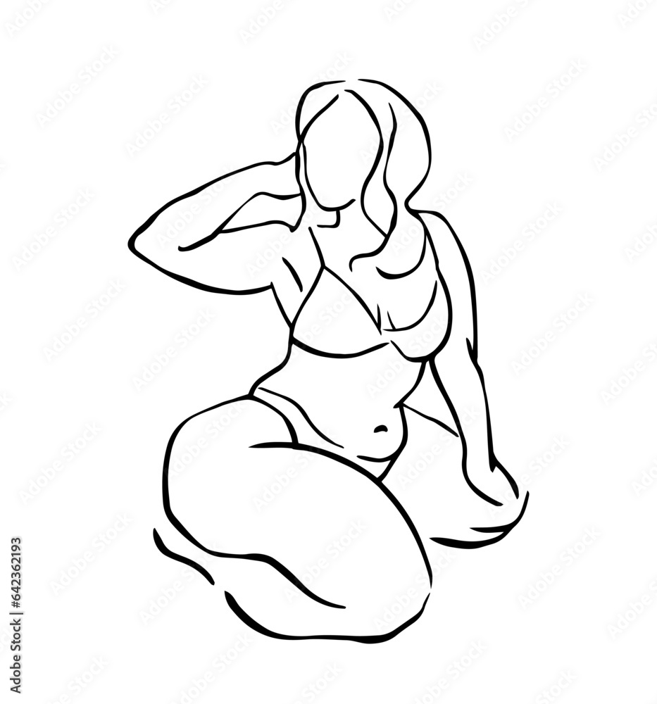 plus size body positive woman figure in sitting pose line art  drawing vector illustration