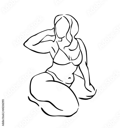 plus size body positive woman figure in sitting pose line art  drawing vector illustration