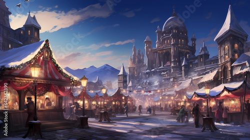 A bustling winter market square at twilight, with stalls selling warm drinks and festive treats
