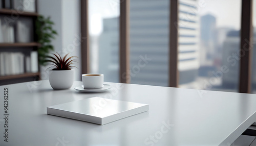 A white table top for display your product over a blurred bright office room in the isolated background and modern design  Ai generated image