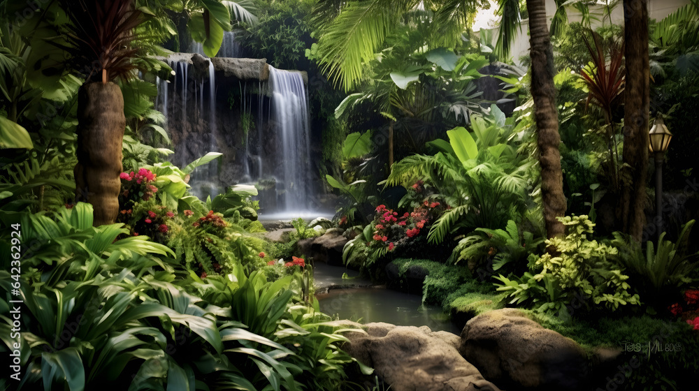 A lush tropical garden with palm trees, exotic plants, and a cascading waterfall - obrazy, fototapety, plakaty 
