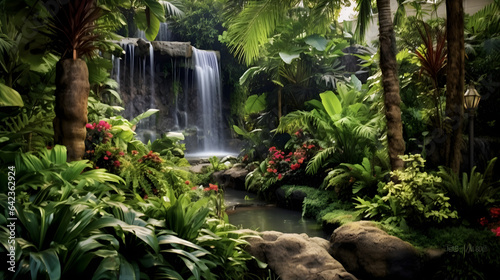 A lush tropical garden with palm trees, exotic plants, and a cascading waterfall