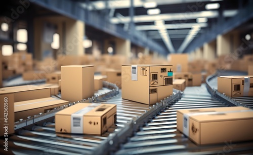 Top view of boxes on conveyor belt, motion blur.