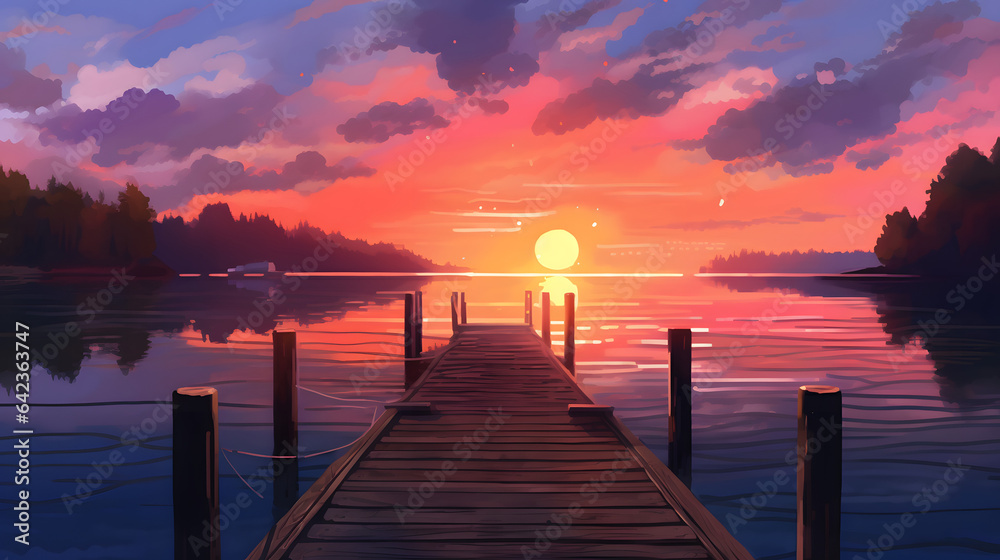 Fototapeta premium A peaceful lakeside scene with a wooden dock, calm waters, and a stunning sunset sky