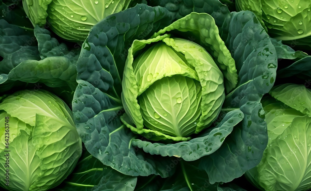 Fototapeta premium Many beautiful and shiny cabbage, top view.