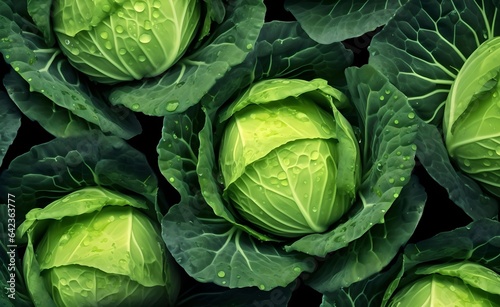 Many beautiful and shiny cabbage, top view.