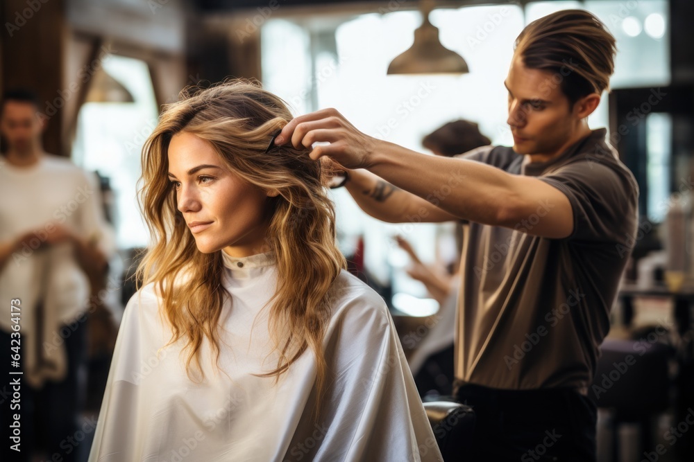 Beautiful hairstyle of woman after dyeing hair and making highlights in hair salon. Generative AI. Beautiful hairstyle of woman after dyeing hair and making highlights in hair salon. Generative AI.