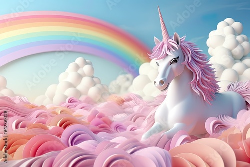 Abstract 3d unicorn and rainbow on clouds, cute unicorn background, mother and baby store background, kids room wallpaper, kindergarten wallpaper, children's book illustration