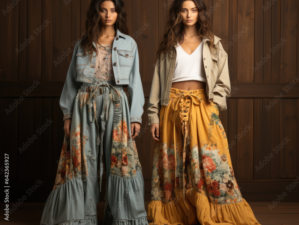 Vintage-inspired denim jackets paired with flowing floral skirts, ai generated.