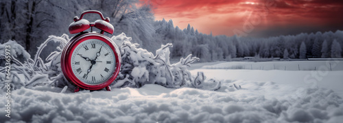 clock in snow winter at sunset background