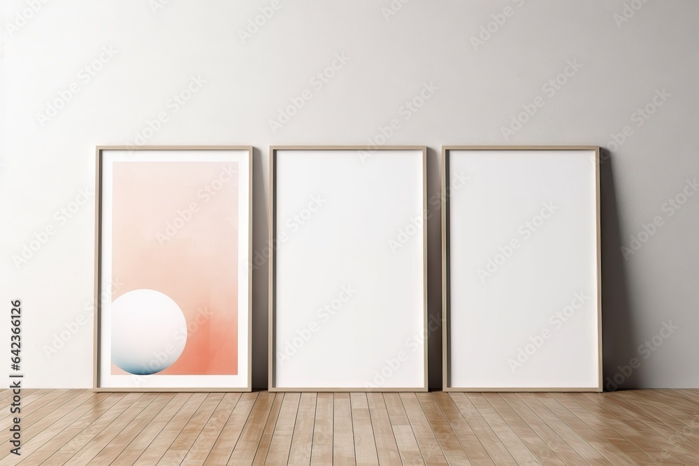 mock-up three bl wooden simple illustration wood wall wooden frame banner floor vertical white 3D Three three frame vertical frame background mock three-dimensional 3 art poster wooden triple paper - obrazy, fototapety, plakaty 