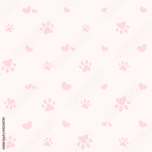 Seamless pattern with paw prints and hearts. Vector Illustration.	