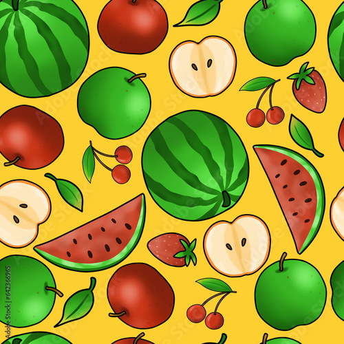 Watermelon, Strawberry, Apple Seamless Pattern. Hand Drawn Seamless Pattern	