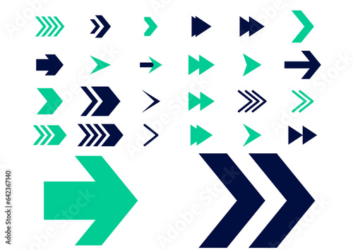 Vector illustration set of colorful arrows pointing to the front side. 