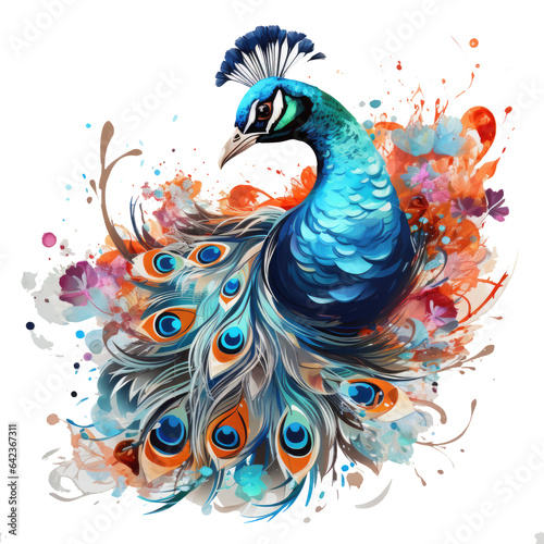 Watercolor Peacock t-shirt design, a peacock in a surreal underwater world, its feathers flowing gracefully like aquatic, Generative Ai