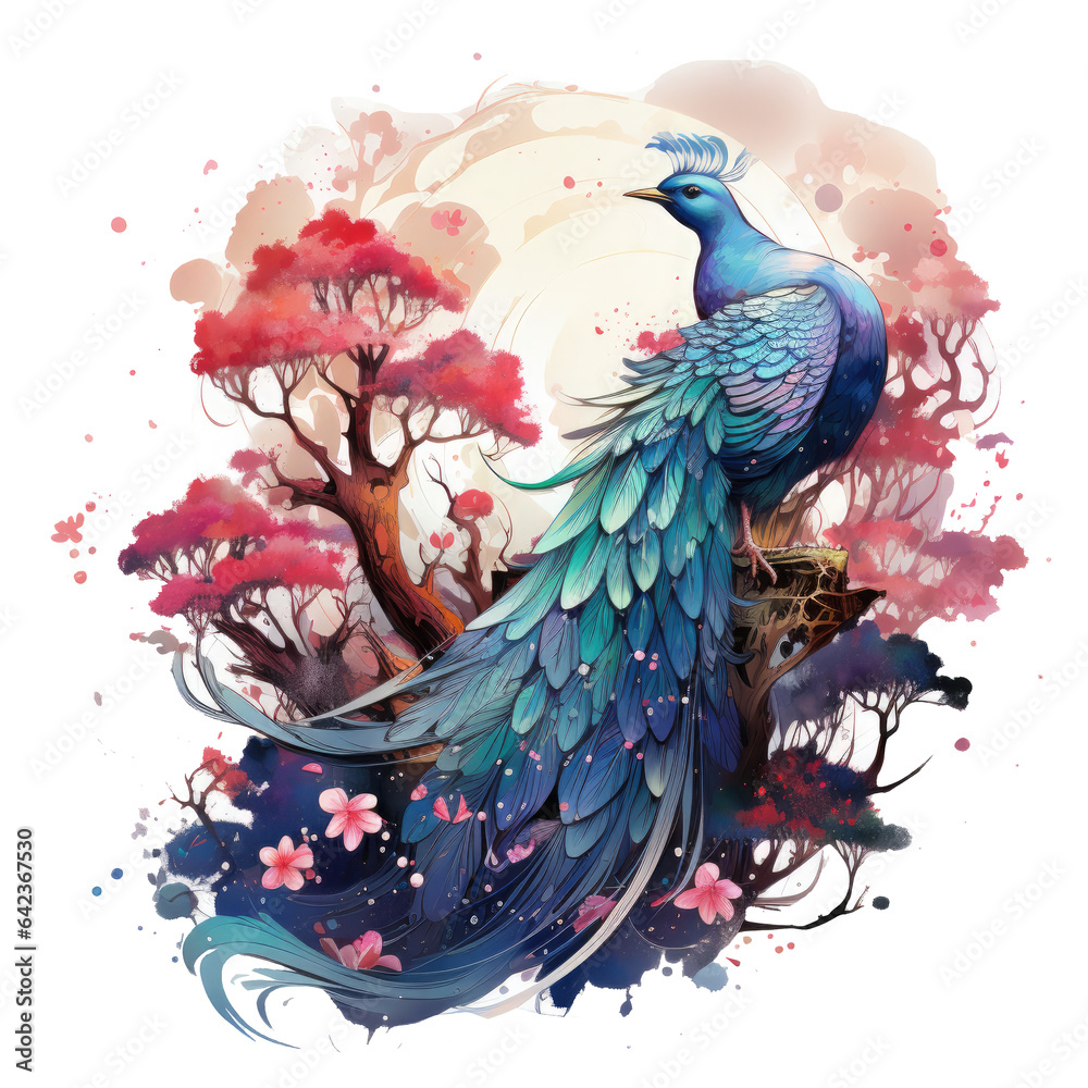 Watercolor Peacock t-shirt design, a peacock in a celestial garden with stars and galaxies blooming like cosmic flowers, Generative Ai