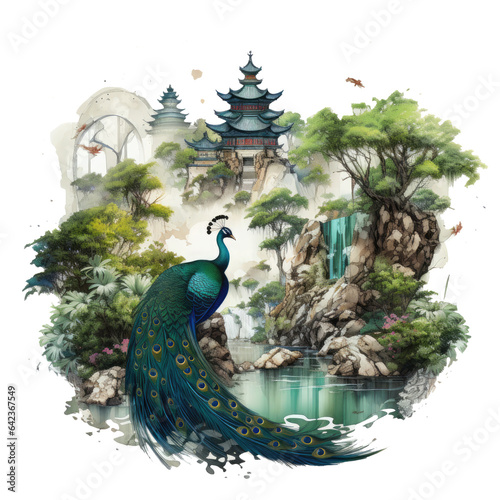 Watercolor Peacock t-shirt design  a peacock in an ancient temple garden  with moss-covered stone statues and ornate  Generative Ai