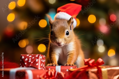 Cute squirrels with gifts and Christmas decorations  generative ai 