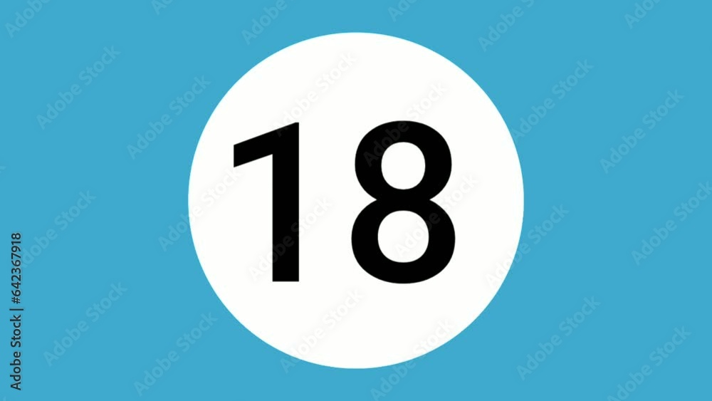 Animation Number 18 eighteen sign symbol cartoon motion graphics on white circle blue background, video number for video elements Animation Number 18 eighteen sign symbol cartoon motion graphics on white circle blue background, video number for video elements