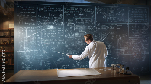 scientist writes formulas with chalk, calculations on the blackboard 