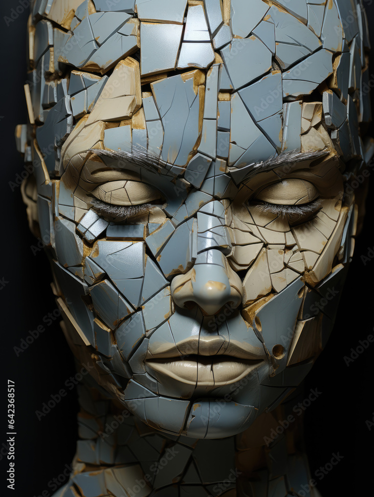 Horror of one of cracked wooden heads for portrait, ai generated. Horror of one of cracked wooden heads for portrait, ai generated.
