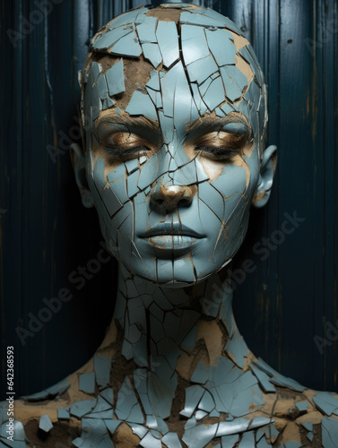 Horror of one of cracked wooden heads for portrait, ai generated.